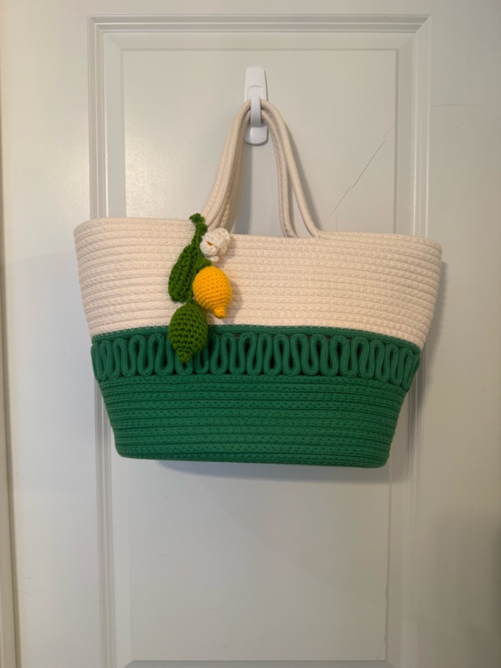 Cream and Green Crochet Tote Bag with Lemon Charm